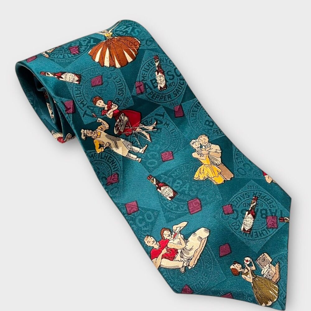 TABASCO Hot Sauce Dark Teal Green 100% Silk All Over Party People Novelty Tie
